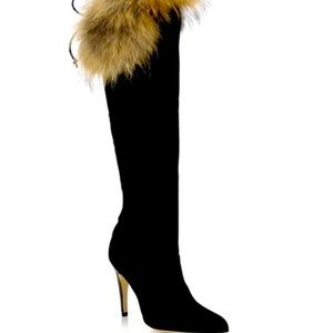 Manolo Blahnik Likansk Fur-trimmed Suede Knee Boot